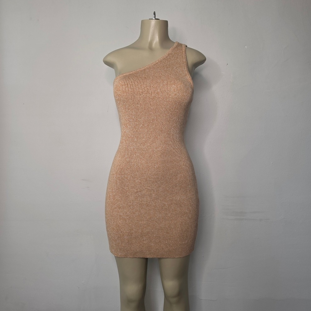 Lioness Dress Womens L Camel Enigmatic Mini One Shoulder Ribbed Knit LD927-2310